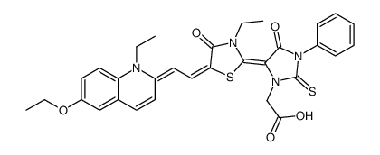 5-[5-[(6-ethoxy-1-ethyl-1H-quinolin-2-ylidene)ethylidene]-3-ethyl-4-oxothiazolidin-2-ylidene]-4-oxo-3-phenyl-2-thioxoimidazolidine-1-acetic acid结构式