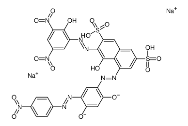 5-[[2,4-二羟基-5-[(4-硝基苯基)偶氮基]苯基]偶氮基]-4-羟基-3-[(2-羟基-3,5-二硝基苯基)偶氮基]-2,7-萘二磺酸二钠结构式