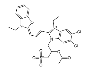 2-[3-[1-[2-acetoxy-3-sulphonatopropyl]-5,6-dichloro-3-ethyl-1,3-dihydro-2H-benzimidazol-2-ylidene]prop-1-enyl]-3-ethylbenzoxazolium结构式