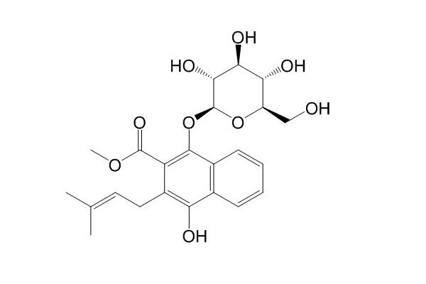 1,4-Dihydroxy-2-carbomethoxy-3-prenylnaphthalene-1-O-beta-glucopyranoside Structure