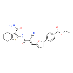 ethyl (E)-4-(5-(3-((3-carbamoyl-4,5,6,7-tetrahydrobenzo[b]thiophen-2-yl)amino)-2-cyano-3-oxoprop-1-en-1-yl)furan-2-yl)benzoate picture