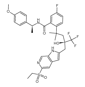 2-((R)-4-((5-(ethylsulfonyl)-1H-pyrrolo[2,3-c]pyridin-2-yl)methyl)-5,5,5-trifluoro-4-hydroxy-2-methylpentan-2-yl)-5-fluoro-N-((S)-1-(4-methoxyphenyl)ethyl)benzamide Structure