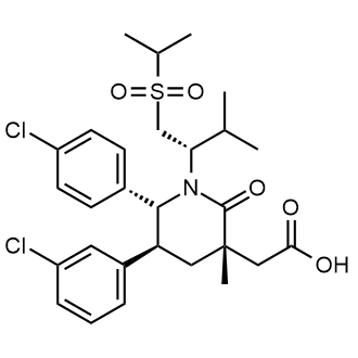 2-((3S,5S,6R)-5-(3-chlorophenyl)-6-(4-chlorophenyl)-1-((S)-1-(isopropylsulfonyl)-3-methylbutan-2-yl)-3-methyl-2-oxopiperidin-3-yl)aceticacid Structure