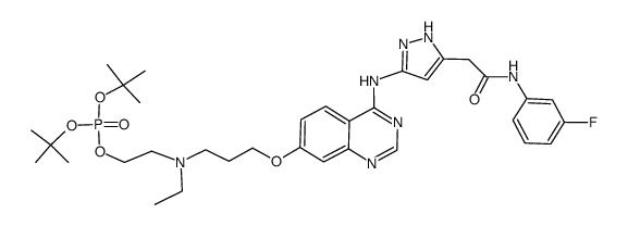 di-tert-butyl 2-[[3-({4-[(5-{2-[(3-fluorophenyl)amino]-2-oxoethyl}-1H-pyrazol-3-yl)amino]quinazolin-7-yl}oxy)propyl](ethyl)amino]ethyl phosphate结构式