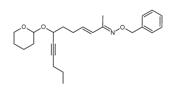 (3E)-7-((tetrahydro-2H-pyran-2-yl)oxy)dodec-3-en-8-yn-2-one O-benzyl oxime Structure