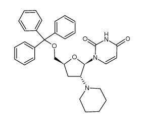 1-((2R,3R,5S)-3-(piperidin-1-yl)-5-((trityloxy)methyl)tetrahydrofuran-2-yl)pyrimidine-2,4(1H,3H)-dione结构式