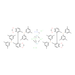 Dimethylammonium dichlorotri(mu-chloro)bis{(S)-(-)-5,5'-bis[di(3,5-xylyl)phosphino]-4,4'-bi-1,3-benzodioxole}diruthenate(II) [NH2Me2][{RuCl((S)-dm-segphos)}2(mu-Cl)3] structure