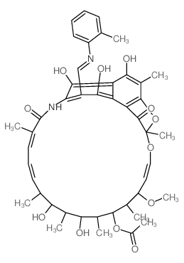 5,6,9,17,19-pentahydroxy-23-methoxy-2,4,12,16,18,20,22-heptamethyl-8-{(Z)-[(2-methylphenyl)imino]methyl}-1,11-dioxo-1,2-dihydro-2,7-(epoxypentadeca[1,11,13]trienoimino)naphtho[2,1-b]furan-21-yl acetat结构式