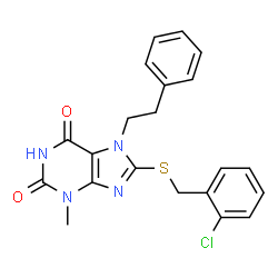 8-((2-chlorobenzyl)thio)-3-methyl-7-phenethyl-3,7-dihydro-1H-purine-2,6-dione Structure