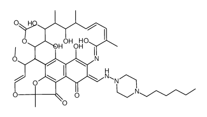 2,7-(Epoxypentadeca(1,11,13)trienimino)naphtho(2,1-b)furan-1,11(2H)-dione, 5,6,9,17,19,21-hexahydroxy-2,4,12,16,18,20,22-heptamethyl-23-methoxy-8-((4-hexyl-1-piperazinylimino)methyl)-, 21-acetate结构式