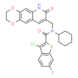 Benzo[b]thiophene-2-carboxamide, 3-chloro-N-cyclohexyl-6-fluoro-N-[(2,3,6,7-tetrahydro-7-oxo-1,4-dioxino[2,3-g]quinolin-8-yl)methyl]- (9CI)结构式