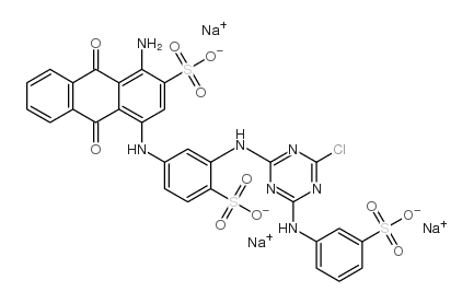 trisodium 1-amino-4-[3-[[4-chloro-6-(3-sulphonatoanilino)-1,3,5-triazin-2-yl]amino]-4-sulphonatoanilino]-9,10-dihydro-9,10-dioxoanthracene-2-sulphonate structure