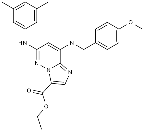 Imidazo[1,2-b]pyridazine-3-carboxylic acid, 6-[(3,5-dimethylphenyl)amino]-8-[[(4-methoxyphenyl)methyl]methylamino]-, ethyl ester Structure