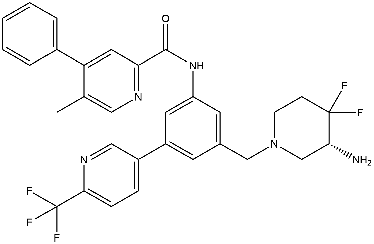 N-[3-[[(3R)-3-Amino-4,4-difluoro-1-piperidinyl]methyl]-5-[6-(trifluoromethyl)-3-pyridinyl]phenyl]-5-methyl-4-phenyl-2-pyridinecarboxamide结构式
